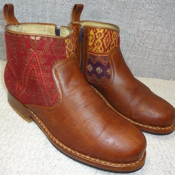 Teysha Handmade Cognac Brown Embroidered Leather Ankle Boots Womens Size 8 US - Picture 1 of 10